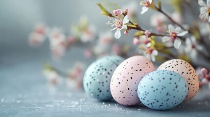 Obraz premium Pastel speckled easter eggs with spring blossoms on soft blue background