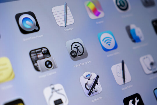 Poznan, Poland - May 15, 2025: VoiceOver Utility application icon prominently displayed on an Apple macOS screen, providing essential accessibility features and comprehensive screen reader support