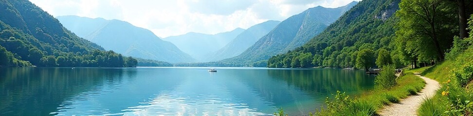 Fototapeta premium A scenic view of a calm lake with a small boat gently bobbing on the water, a hiking trail winding along the shoreline, lush green trees and mountains in the background , activity, peaceful