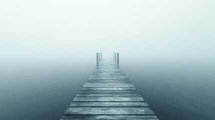 Obraz premium Misty lake pier extending into fog