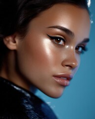 glamour model close-up, beauty lighting, makeup detail, creative backdrop