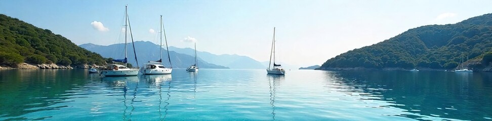 Tranquil scene of several sailboats anchored in a calm bay, gently swaying in the sunlight The clear water reflects the vibrant sky and surrounding hills , sailboats, horizon, relaxing