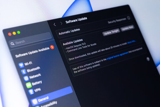 Poznan, Poland - May 15, 2025: macOS Sequoia 15.5 software update and Command Line Tools for Xcode displayed on an Apple computer screen, offering essential system enhancements