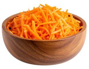 Healthy Shredded Carrots in Small Wooden Serving Bowl, isolated on a transparent background.