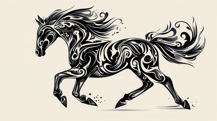 Dynamic tribal horse illustration with intricate swirling patterns