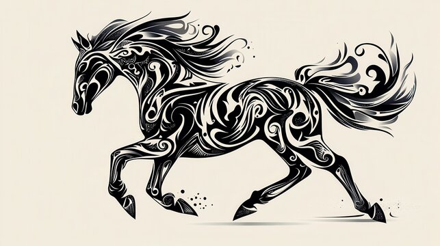 Dynamic tribal horse illustration with intricate swirling patterns