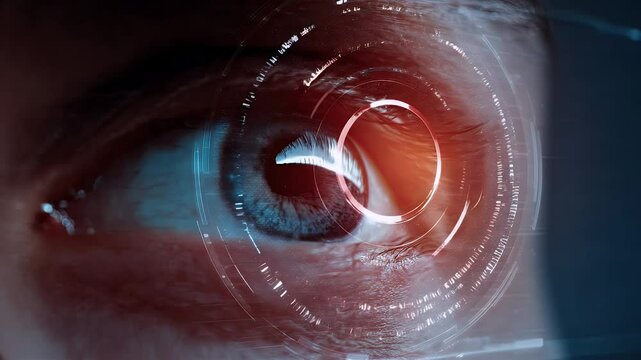 A close-up of an eye with digital overlays, suggesting advanced technology and data visualization.