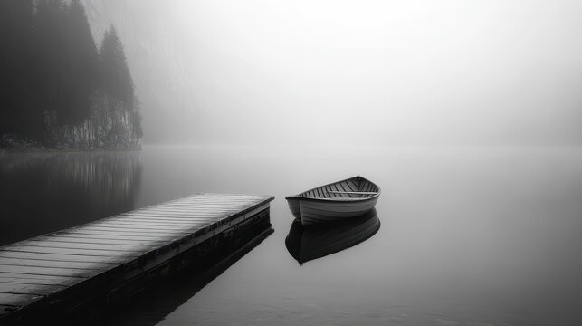 Serene misty lake with wooden boat and pier amidst foggy morning