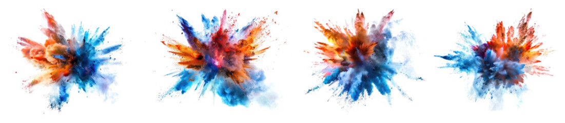 PNG Colorful powder explosions in blue, orange, and white element set on transparent background.