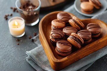 Chocolate macarons arranged in a heart shape on a rustic wooden tray