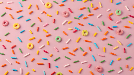 Scattered sprinkles and mini donuts on a pink background