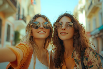 Fun, friends, travel and tourism concept. Beautiful girls looking for direction in the city