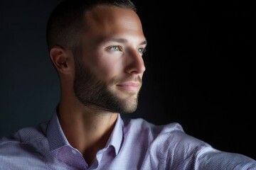 Fototapeta premium indoor business headshot, male subject, high contrast lighting, stylish but professional