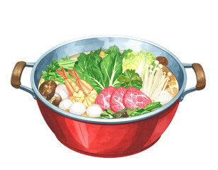 Sukiyaki Japanese food in hotpot with vegetable, hand-drawn watercolor illustration