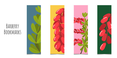 Set colorful bookmarks with decorative hand draw barberry. Flat style botanical illustration. Colorful cute kids bookmark templates for reading. Isolated on white background.	