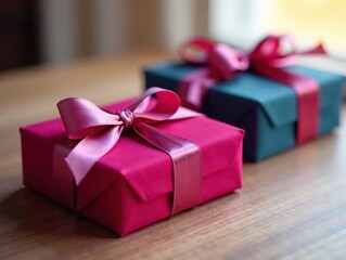 Velvet parcels, tied with silk ribbons, in warm light , ribbons, silk, elegant