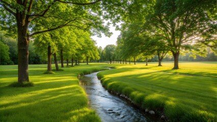 Naklejka premium Scenic landscape with river and trees watercolor illustration isolated on white background