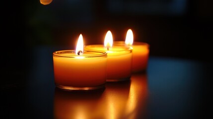 Three tranquil candle flames illuminating in the dark
