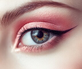 Close-up of a woman's eye with pink eyeshadow and eyeliner. (1)