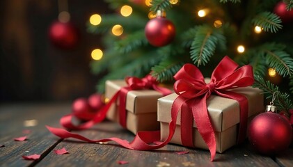 Vintage gifts, silk ribbons, Christmas tree, nostalgic feel, presents, photography, shadow