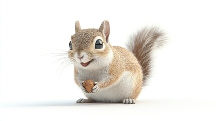 Fototapeta premium Cute cartoon chipmunk holding a nut, front view, white background