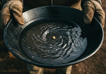 Man with gloved hands holding a gold pan with swirling water and a small gold nugget at the center. Prospecting concept.
