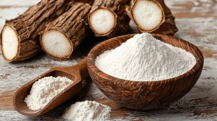 Fototapeta premium Tapioca starch elegantly presented in a wooden bowl.