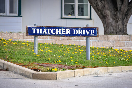Thatcher Drive road sign, Stanley, Falkland Islands, South Atlantic