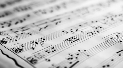 Close-up of musical sheet music with notes in black and white