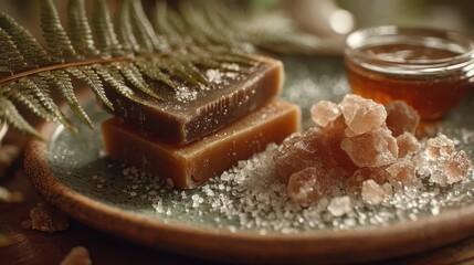 Handmade soap with natural elements project. Natural soap with honey and crystals on a decorative plate.