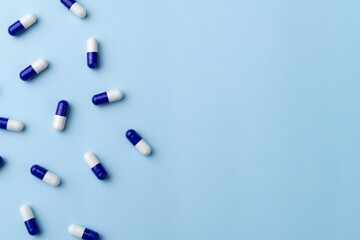 A group of medicine capsule pills with copy space