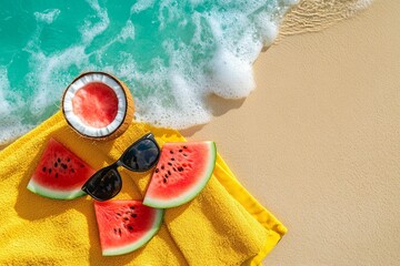Summer beach scene with watermelon, coconut, and sunglasses on yellow towel