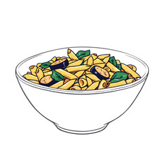 A bowl of penne pasta with eggplant slices and basil leaves in a black bowl on a black background isolated with white background