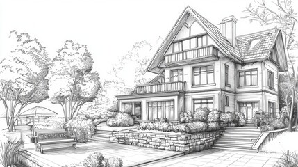 Obraz premium A detailed sketch of an old house highlighting traditional building styles.