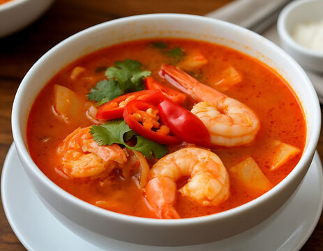 Delicious shrimp soup, garnished with fresh cilantro and red chilies, perfect for culinary blogs and restaurant menus. A vibrant dish embodies comfort and flavor, ideal for social media and advertisin
