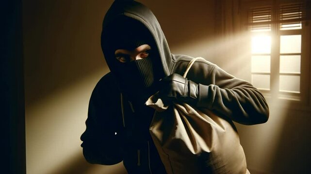 A masked intruder stealthily prepares to escape with a bag of stolen items in low light.