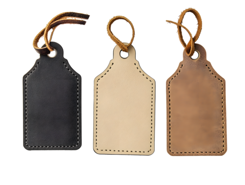 Neutral Toned Luggage Tags with Leather Straps on Transparent Background