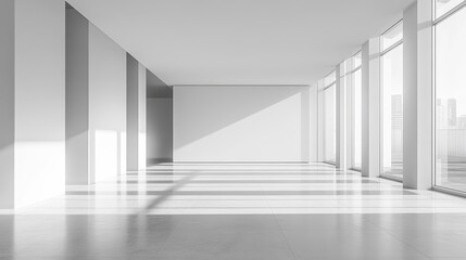 Obraz premium Minimalist sunlit empty room with large windows and city view