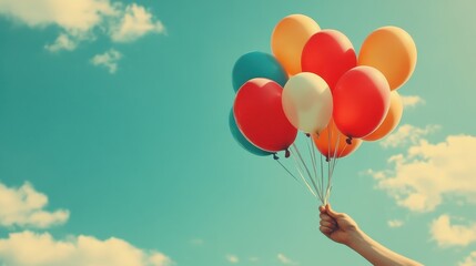Hand holding colorful balloons against clear blue sky with clouds
