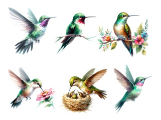 Fototapeta premium Hummingbird vignettes in watercolor style
