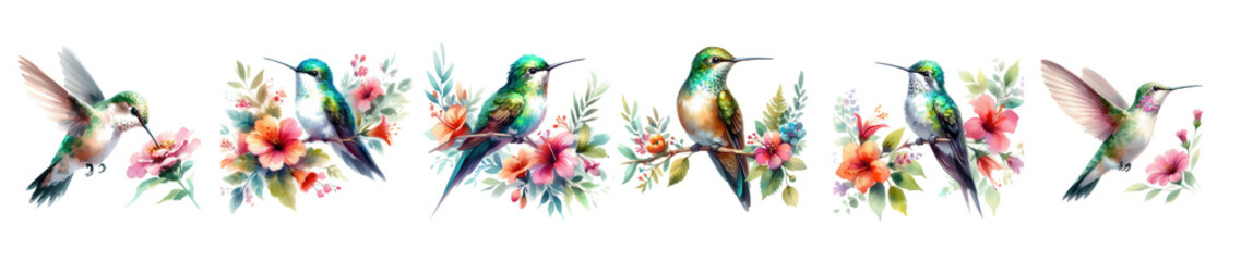 Obraz premium Hummingbird Watercolor Art Delicate Floral Arrangements