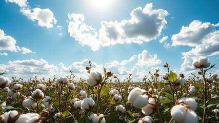 Serene cotton field under a vibrant summer sky