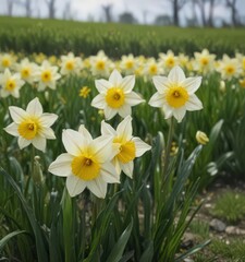 Close-up of delicate daffodil blooms in a lush green field ,  field,  natural