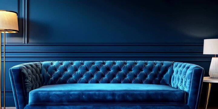 Luxurious blue velvet sofa against a dark blue paneled wall, illuminated by lamps. Elegant and inviting interior design