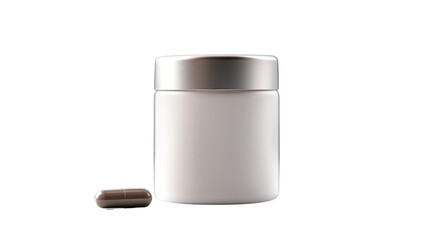 Element Isolated Transparent White jar with a metallic lid and a single capsule beside it for dietary supplements.