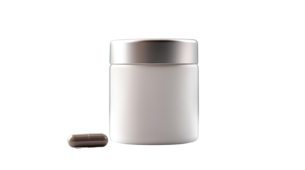 Element Isolated Transparent White jar with a metallic lid and a single capsule beside it for dietary supplements.