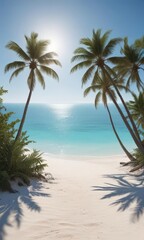White sand, palm trees silhouette, clear blue sea, distant island,  sunny,  beach landscape,  ocean horizon