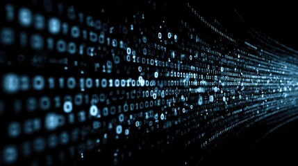 Obraz premium Digital Stream: Abstract representation of digital data flow, showcasing a mesmerizing stream of binary code. The glowing blue digits create a sense of movement and speed.