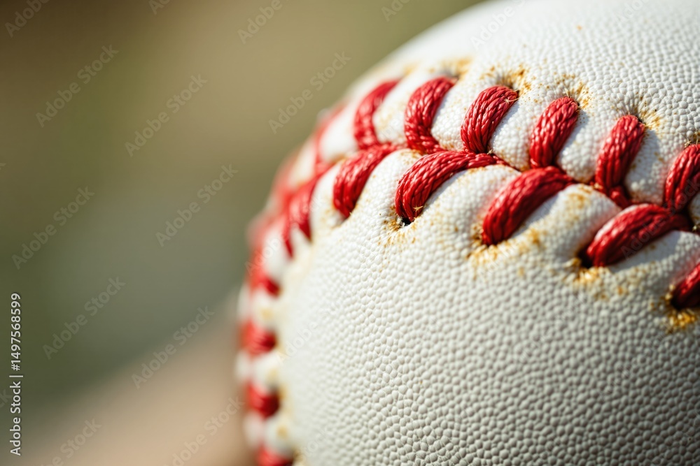 Poster close-up of a baseball with red stitching on a blurred background.