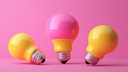 Three vibrant bulbs against pink background: creativity and innovation concept